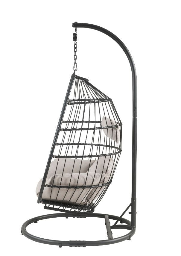 ACME 45115 Oldi Patio Hanging Chair with Stand, Beige Fabric & Black Wicker