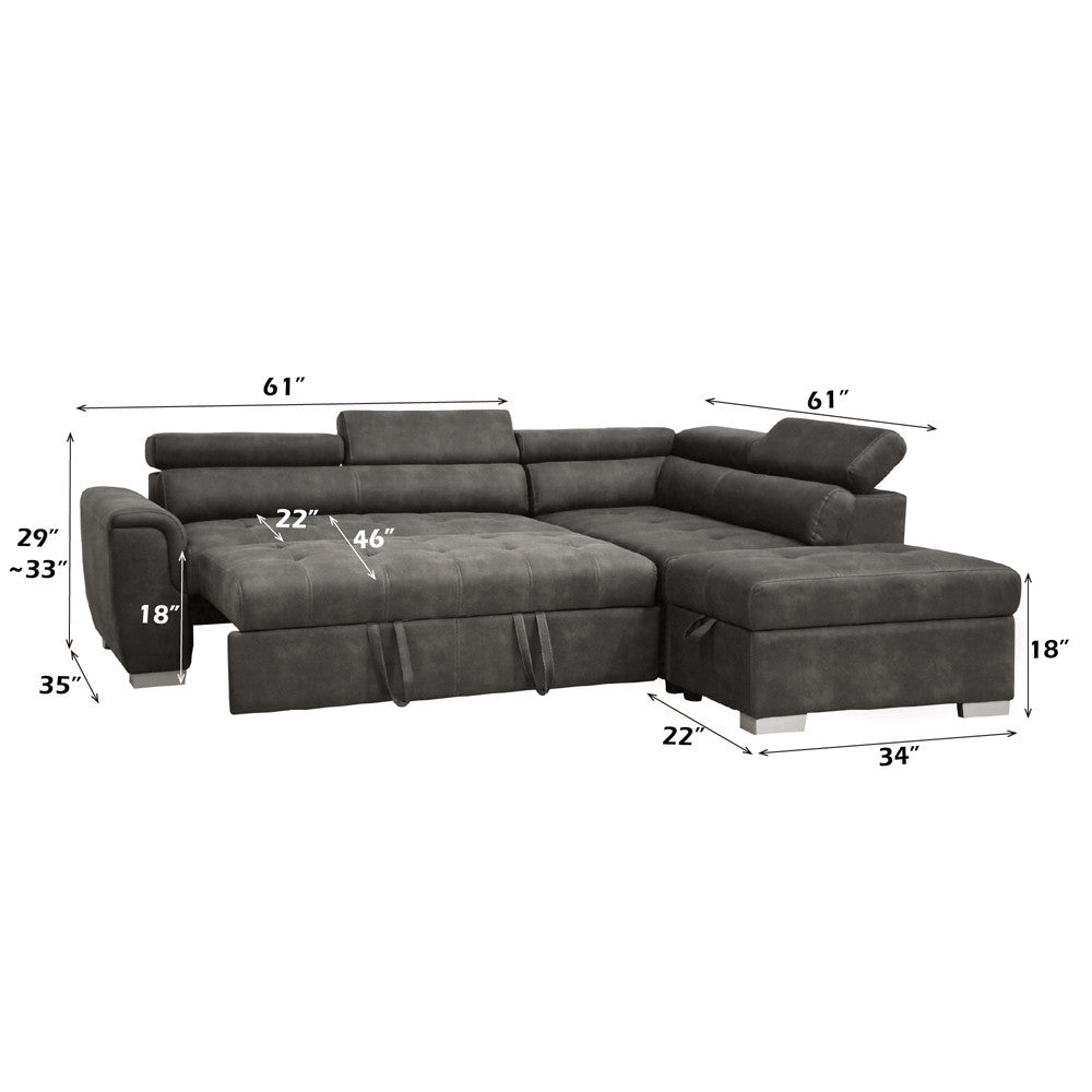 ACME 50275 Thelma Sectional Sofa with Sleeper & Ottoman, Gray Polished Microfiber (1Set/2Ctn)