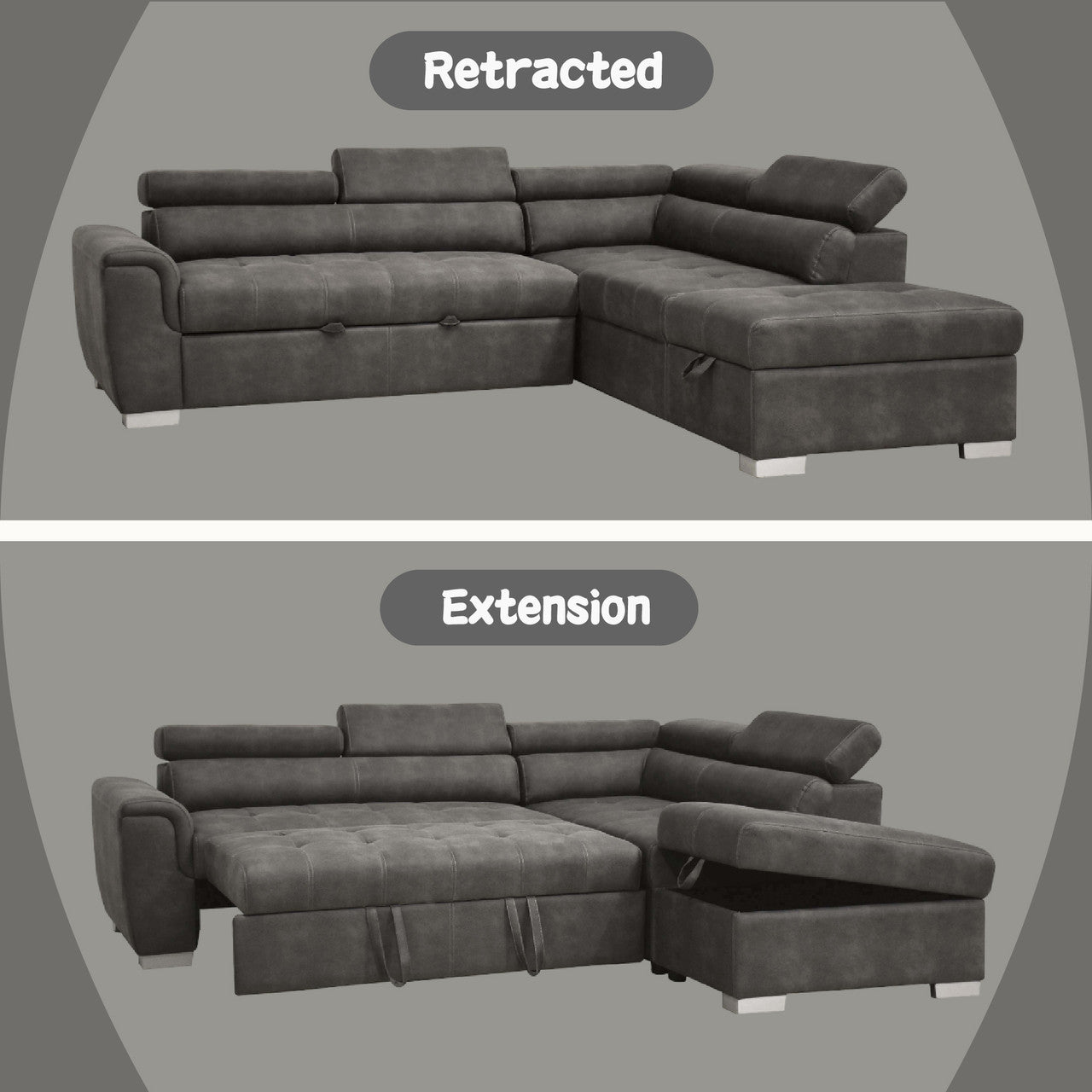 ACME 50275 Thelma Sectional Sofa with Sleeper & Ottoman, Gray Polished Microfiber (1Set/2Ctn)