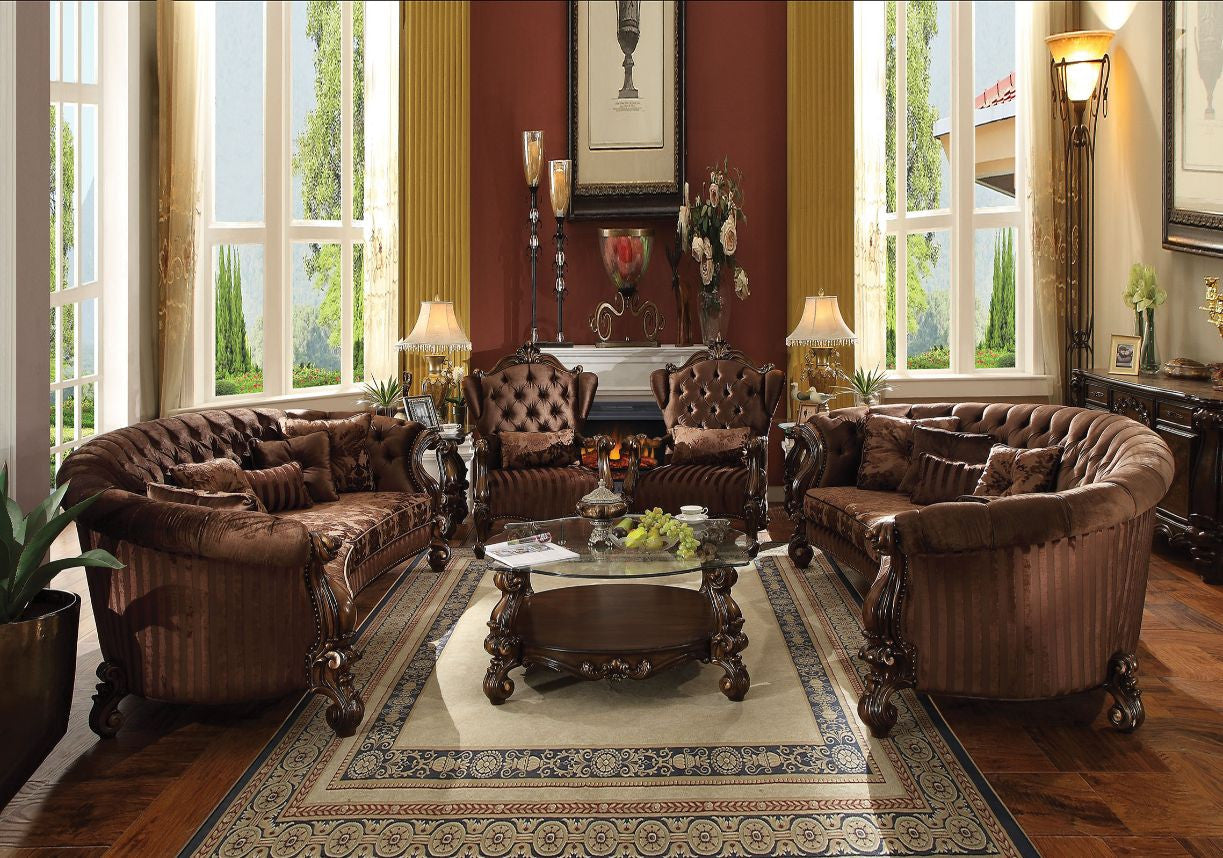 ACME 52080 Versailles Sofa with 5 Pillows, Brown Velvet & Cherry Oak