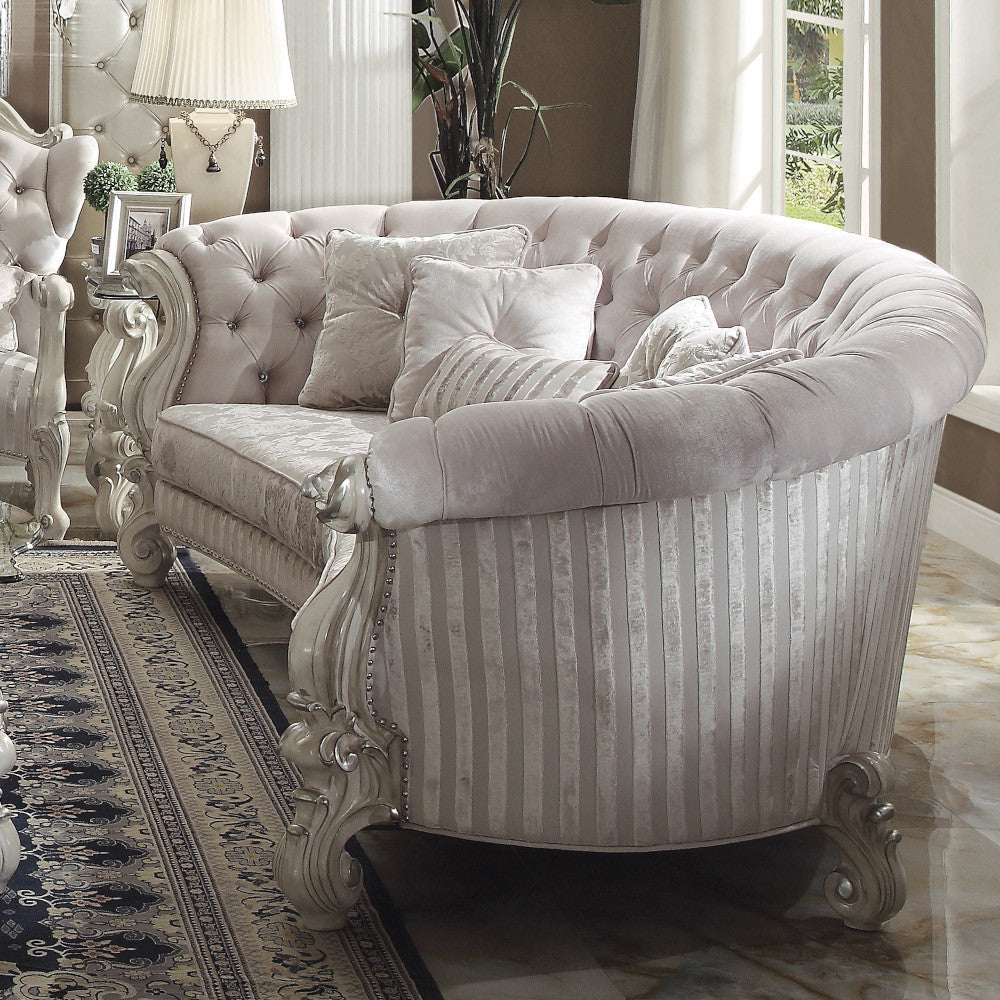 ACME 52085 Versailles Sofa with 5 Pillows, Ivory Velvet & Bone White