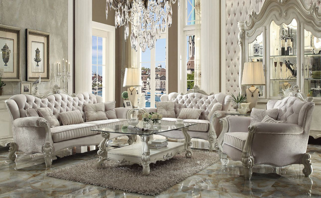 ACME 52105 Versailles Sofa with 5 Pillows, Ivory Velvet & Bone White