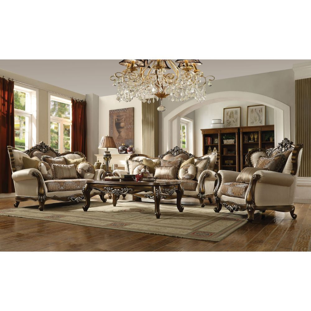 ACME 52116 Latisha Loveseat with 5 Pillows, Tan, Pattern Fabric & Antique Oak