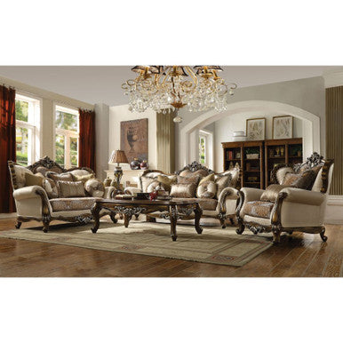 ACME 52116 Latisha Loveseat with 5 Pillows, Tan, Pattern Fabric & Antique Oak