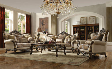 ACME 52115 Latisha Sofa with 6 Pillows, Tan, Pattern Fabric & Antique Oak