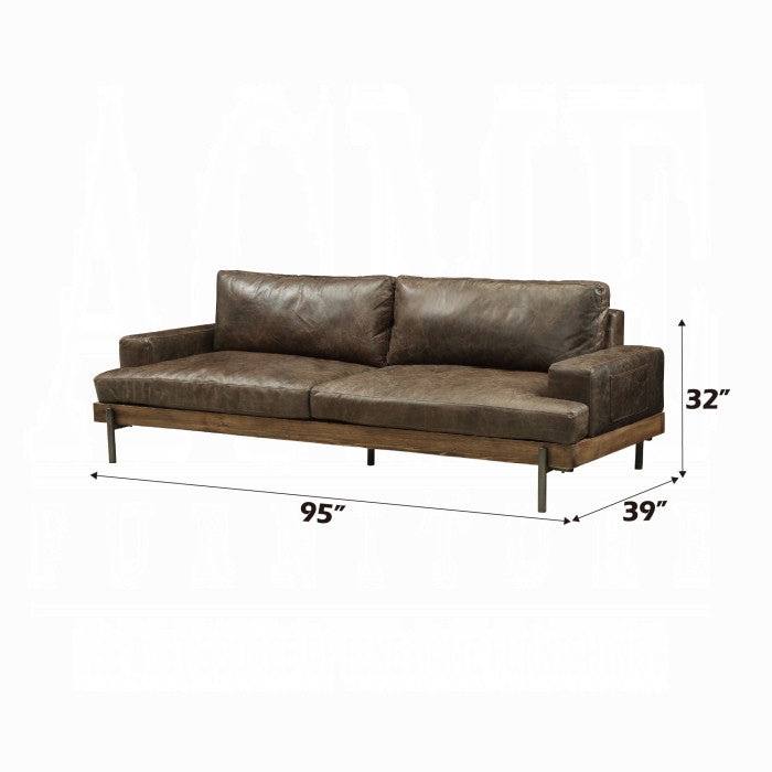 ACME 52475 Silchester Sofa, Oak & Distress Chocolate Top Grain Leather