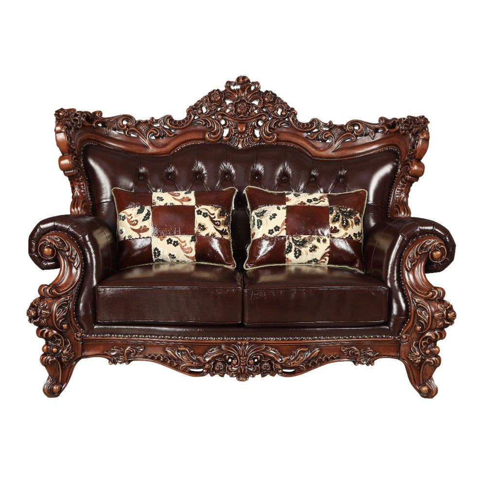 ACME 53071 Forsythia Loveseat with 2 Pillows, Espresso Top Grain Leather Match & Walnut (1Set/2Ctn)