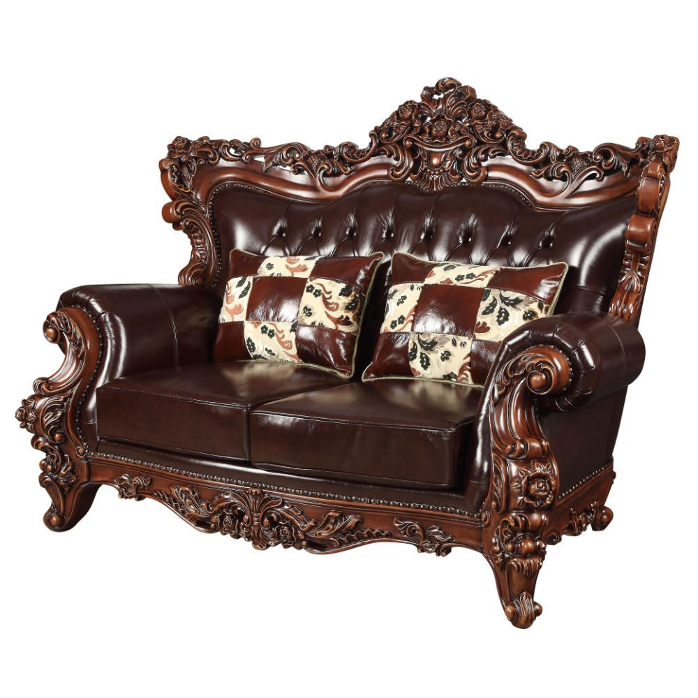 ACME 53071 Forsythia Loveseat with 2 Pillows, Espresso Top Grain Leather Match & Walnut (1Set/2Ctn)
