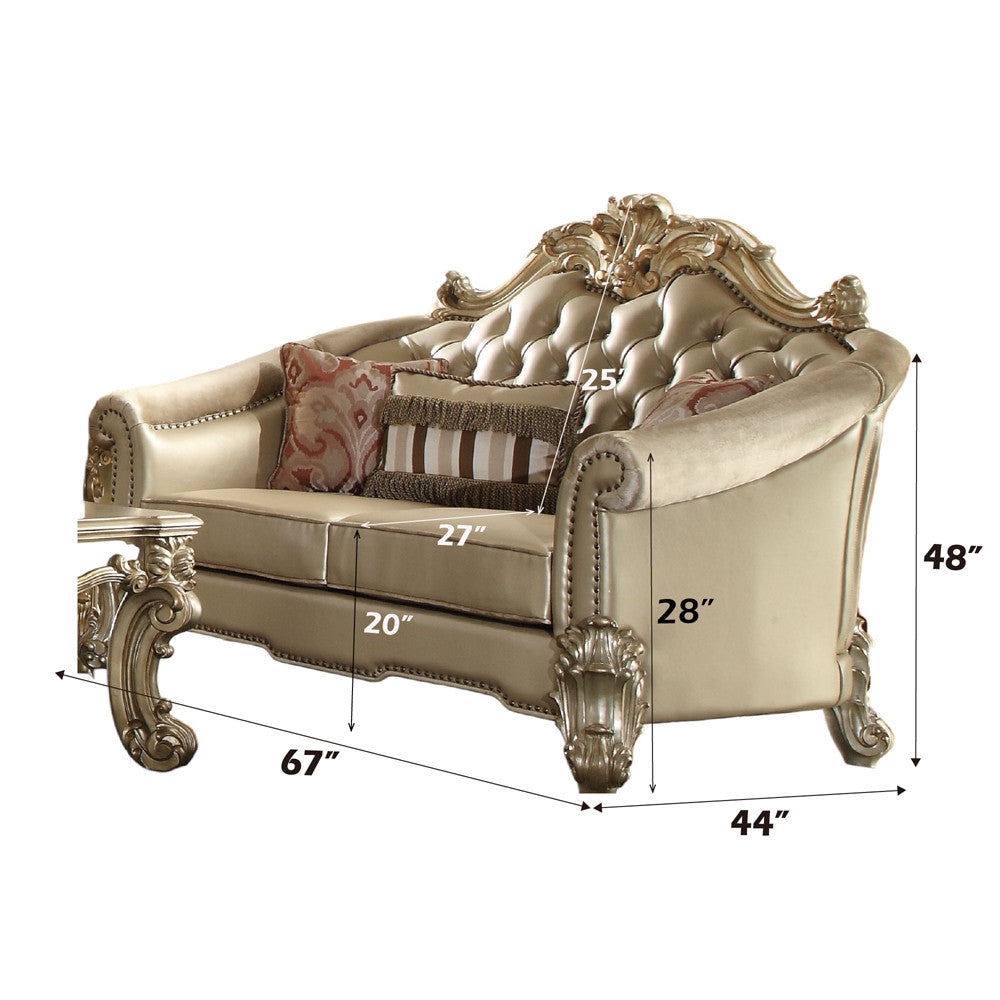 ACME 53121 Vendome II Loveseat with 3 Pillows, Bone PU & Gold Patina  1