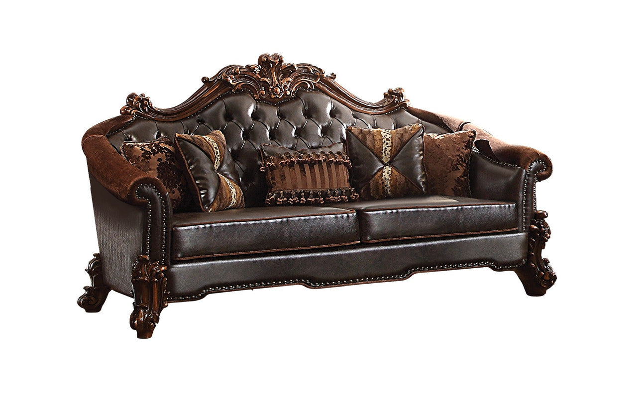 ACME 53130 Vendome II Sofa with 5 Pillows, 2-Tone Dark Brown PU & Cherry