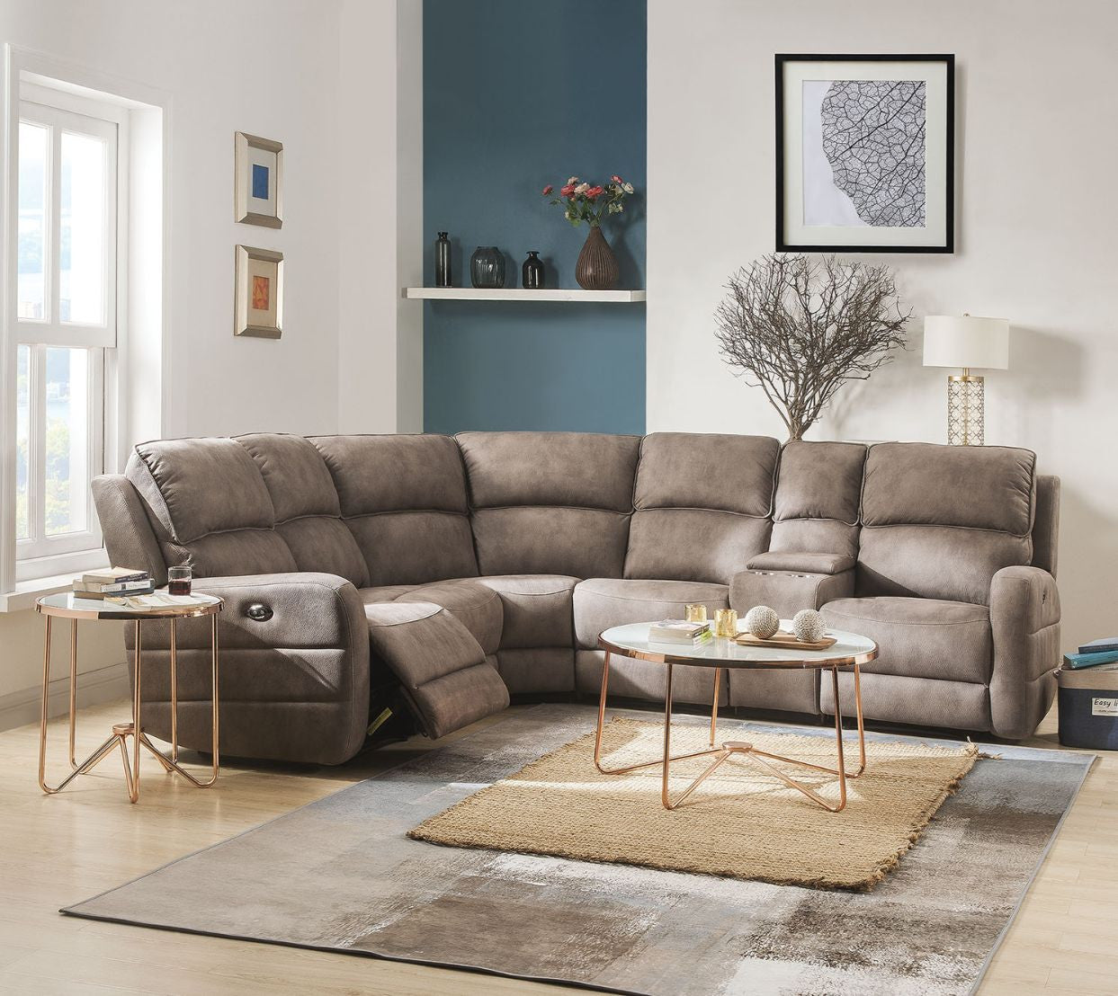 ACME 54590 Olwen Sectional Sofa (Power Motion & USB), Mocha Nubuck (1Set/6Ctn)