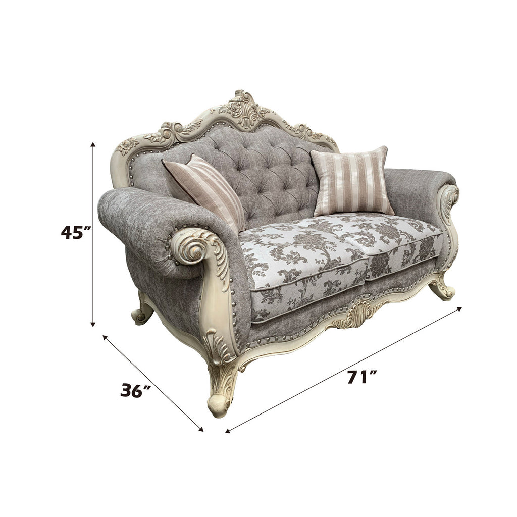 ACME 56021 Ragenardus Loveseat with 2 Pillows, Gray Fabric & Antique White