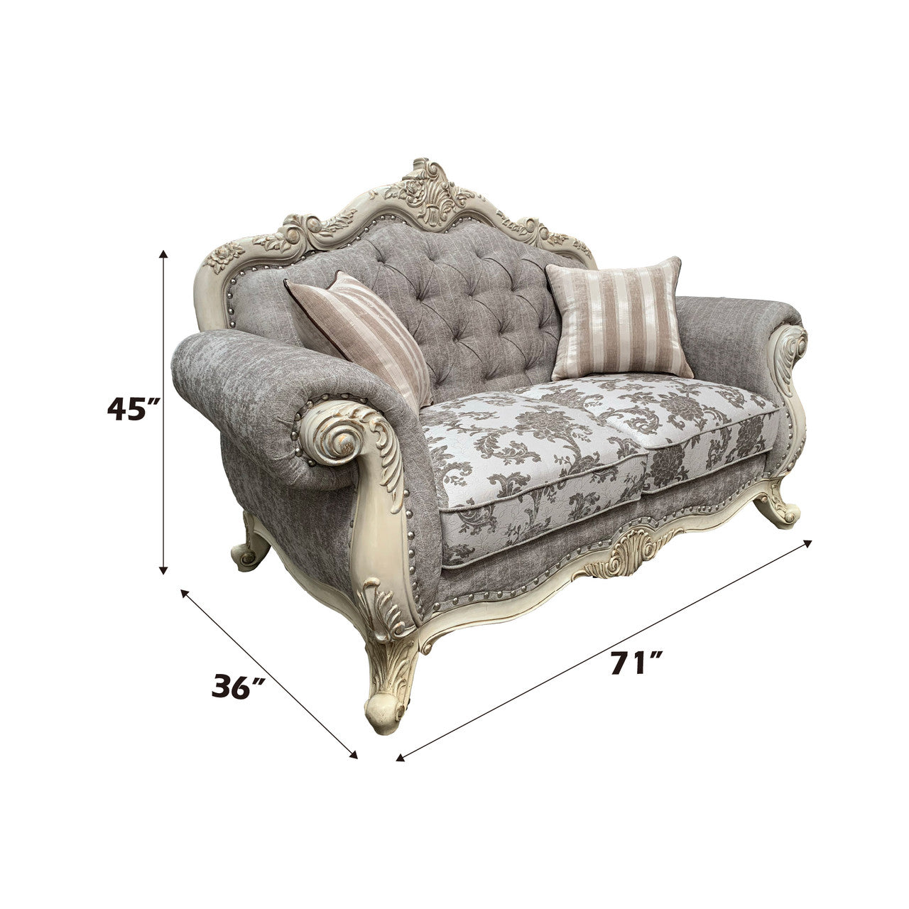ACME 56021 Ragenardus Loveseat with 2 Pillows, Gray Fabric & Antique White