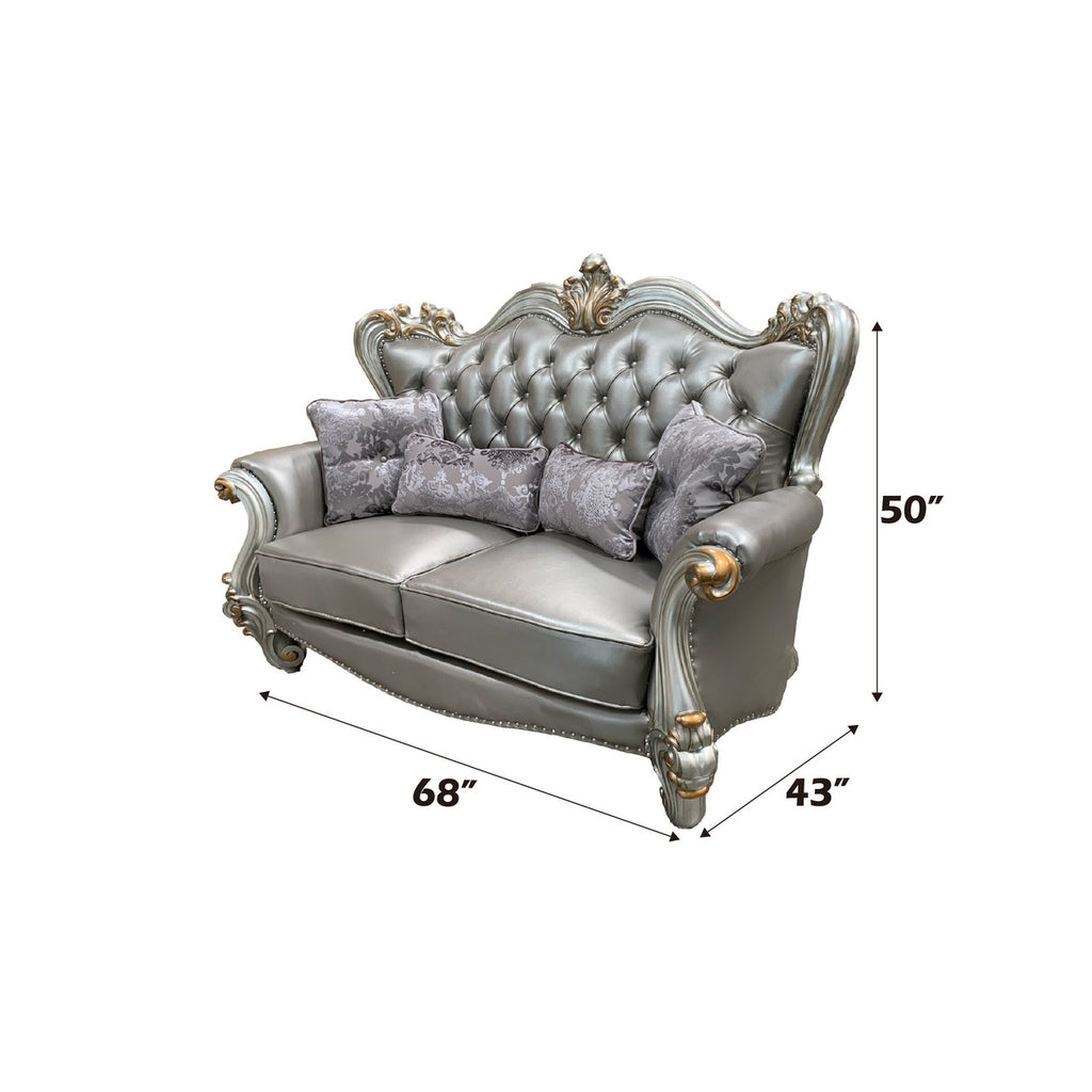 ACME 56821 Versailles Loveseat with 4 Pillows, Silver PU & Antique Platinum  2