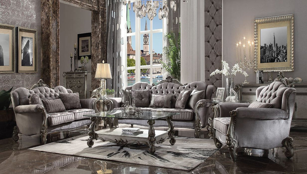 ACME 56840 Versailles Sofa with 5 Pillows, Velvet & Antique Platinum