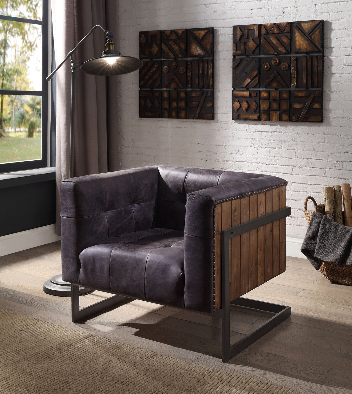 ACME 59667 Sagat Accent Chair, Antique Ebony Top Grain Leather & Rustic Oak