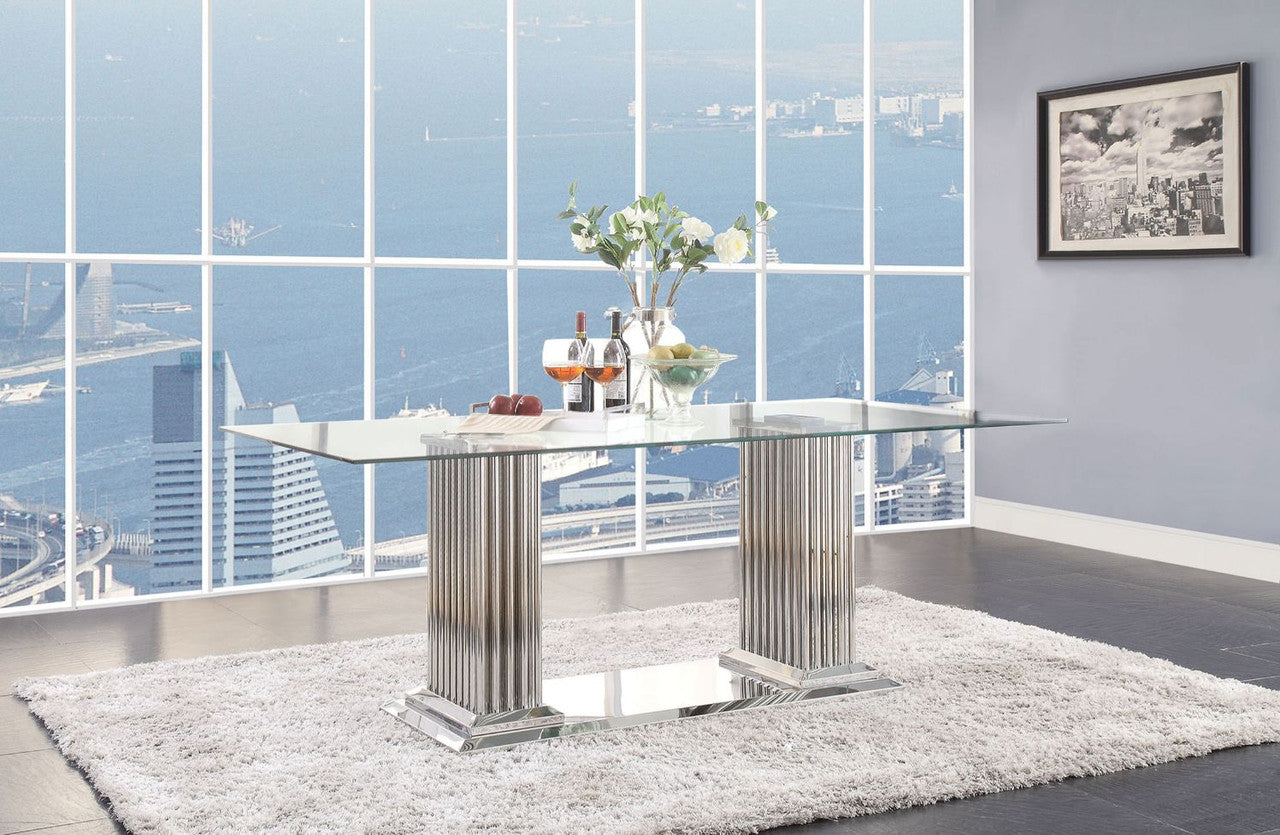 ACME 62075 Cyrene Dining Table with Double Pedestal, Stainless Steel & Clear Glass (1Set/3Ctn)