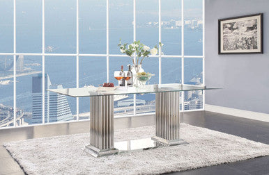 ACME 62075 Cyrene Dining Table with Double Pedestal, Stainless Steel & Clear Glass (1Set/3Ctn)