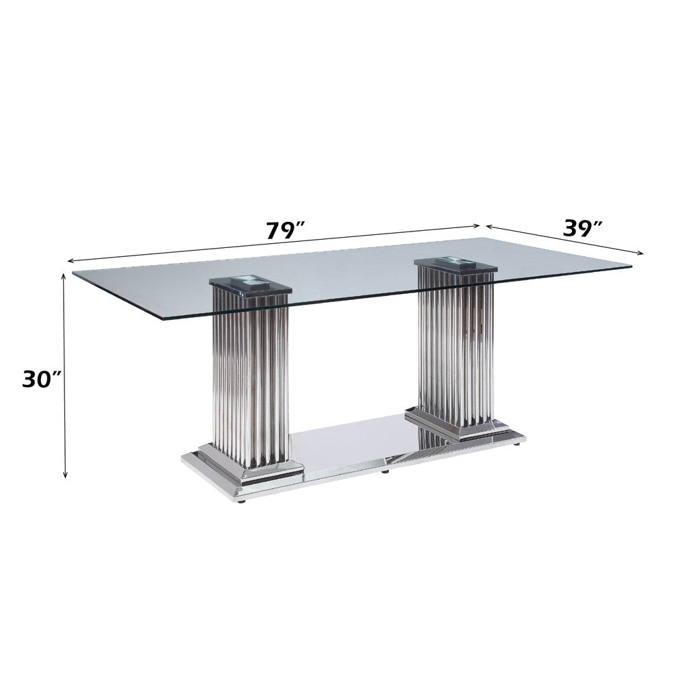 ACME 62075 Cyrene Dining Table with Double Pedestal, Stainless Steel & Clear Glass (1Set/3Ctn)