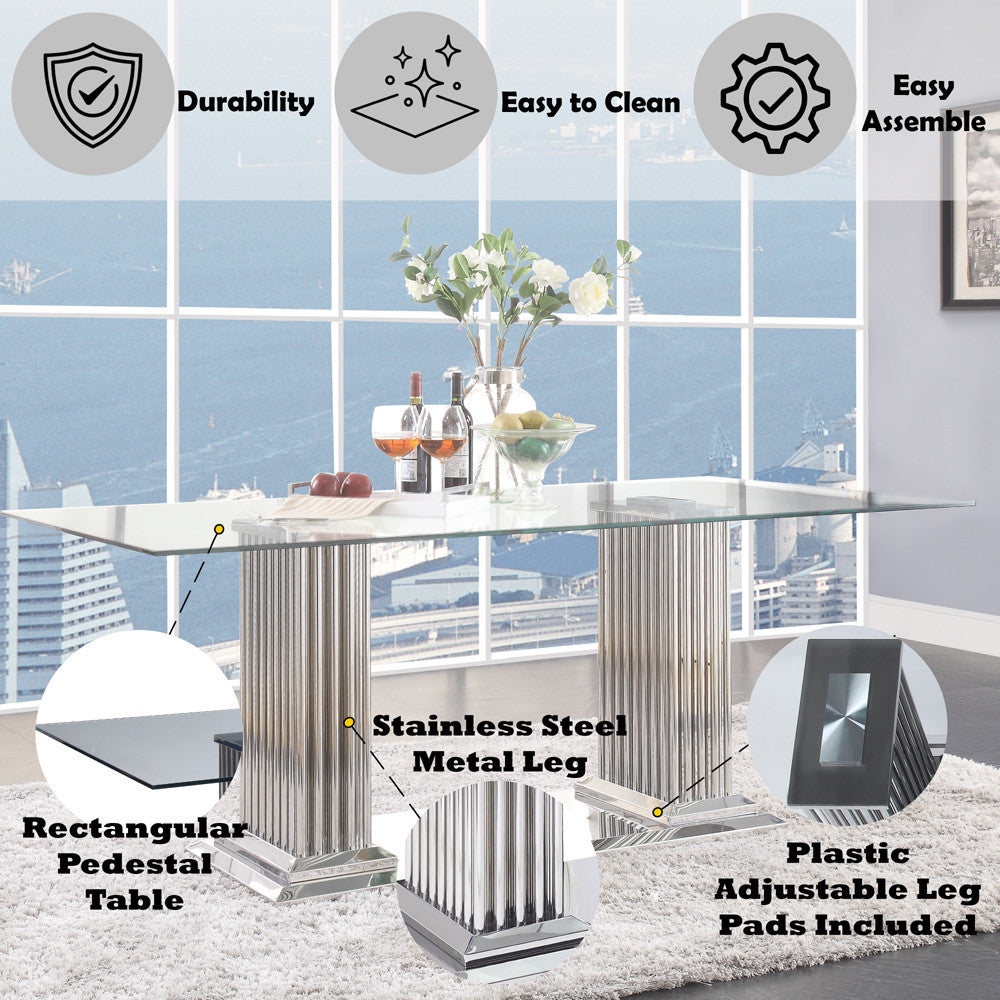 ACME 62075 Cyrene Dining Table with Double Pedestal, Stainless Steel & Clear Glass (1Set/3Ctn)