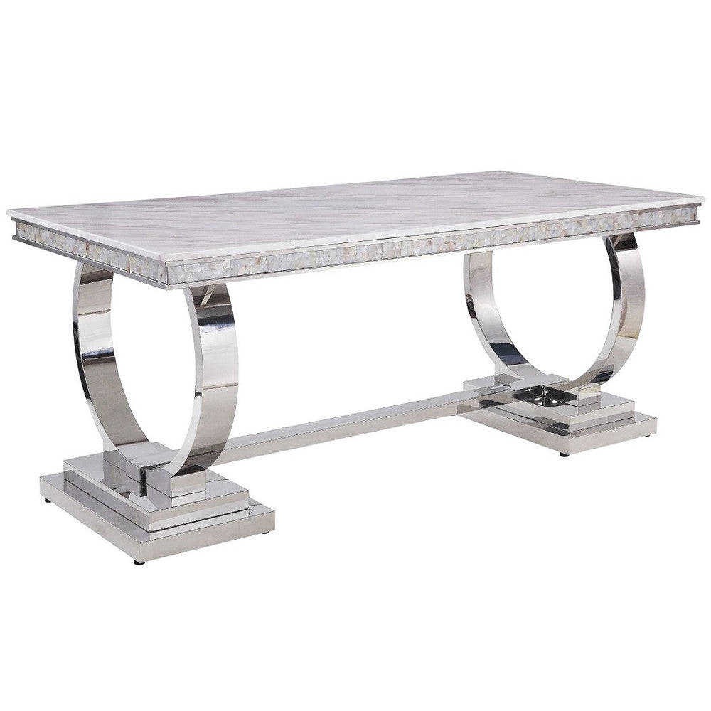 ACME 68250 Zander Dining Table, White Printed Faux Marble & Mirrored Silver Finish