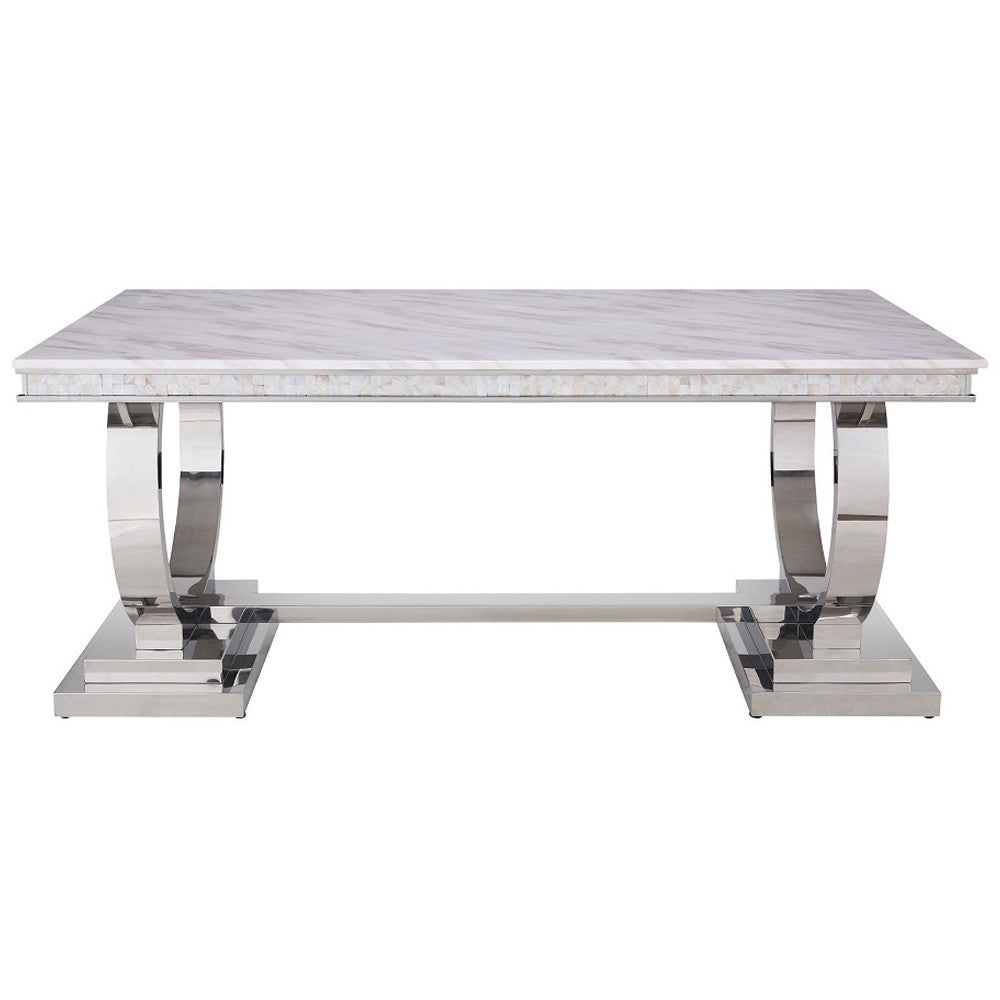 ACME 68250 Zander Dining Table, White Printed Faux Marble & Mirrored Silver Finish