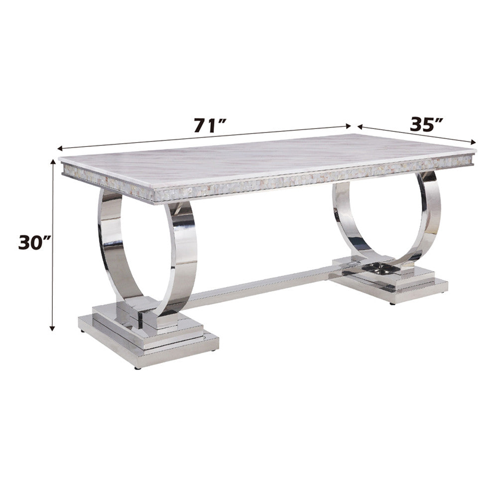 ACME 68250 Zander Dining Table, White Printed Faux Marble & Mirrored Silver Finish