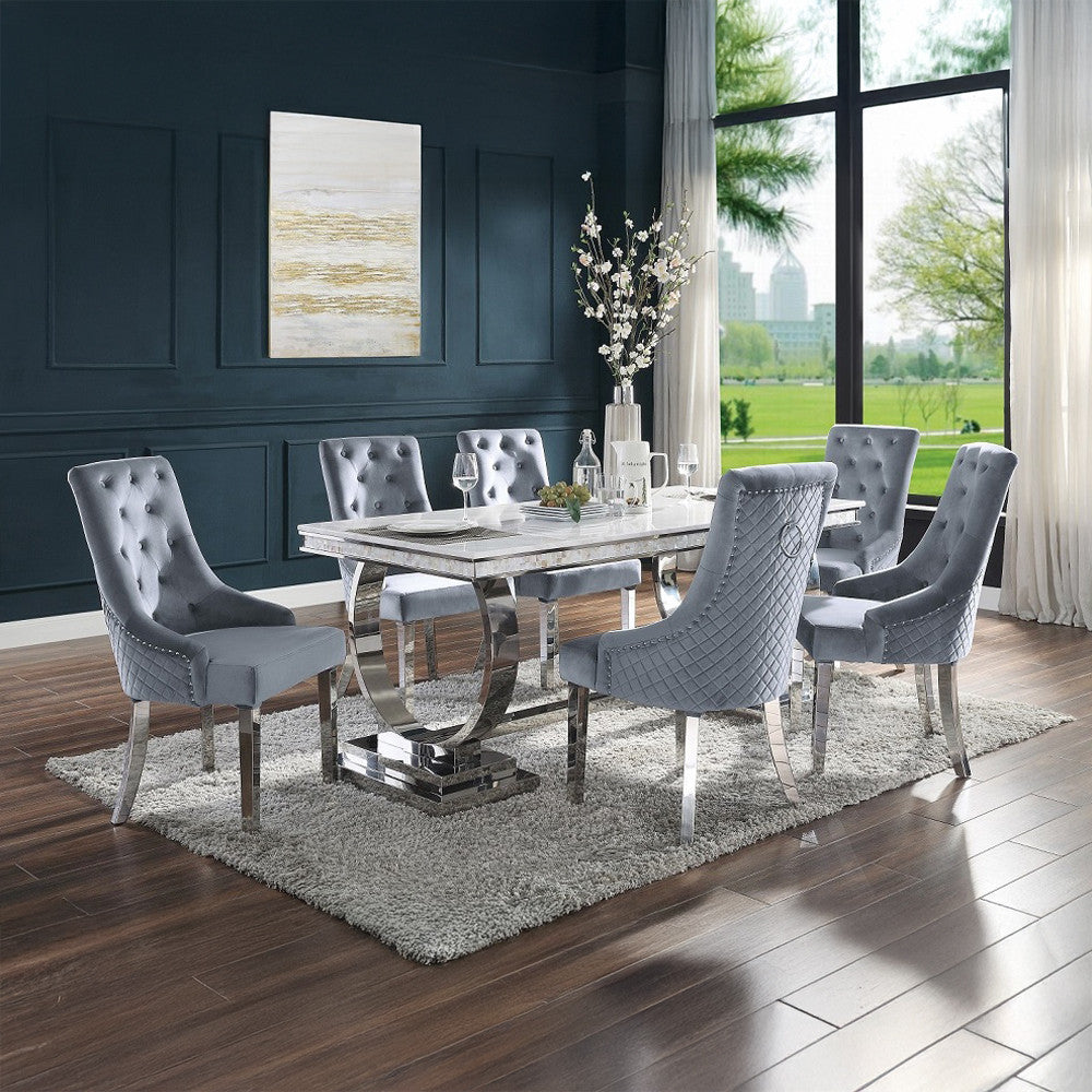 ACME 68250 Zander Dining Table, White Printed Faux Marble & Mirrored Silver Finish