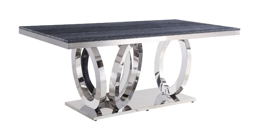 ACME 68255 Nasir Dining Table, Gray Printed Faux Marble & Mirrored Silver Finish