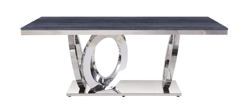 ACME 68255 Nasir Dining Table, Gray Printed Faux Marble & Mirrored Silver Finish