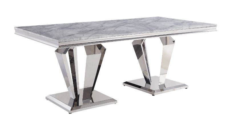 ACME 68265 Satinka Dining Table, Light Gray Printed Faux Marble & Mirrored Silver Finish