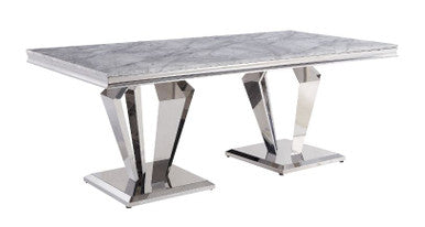 ACME 68265 Satinka Dining Table, Light Gray Printed Faux Marble & Mirrored Silver Finish