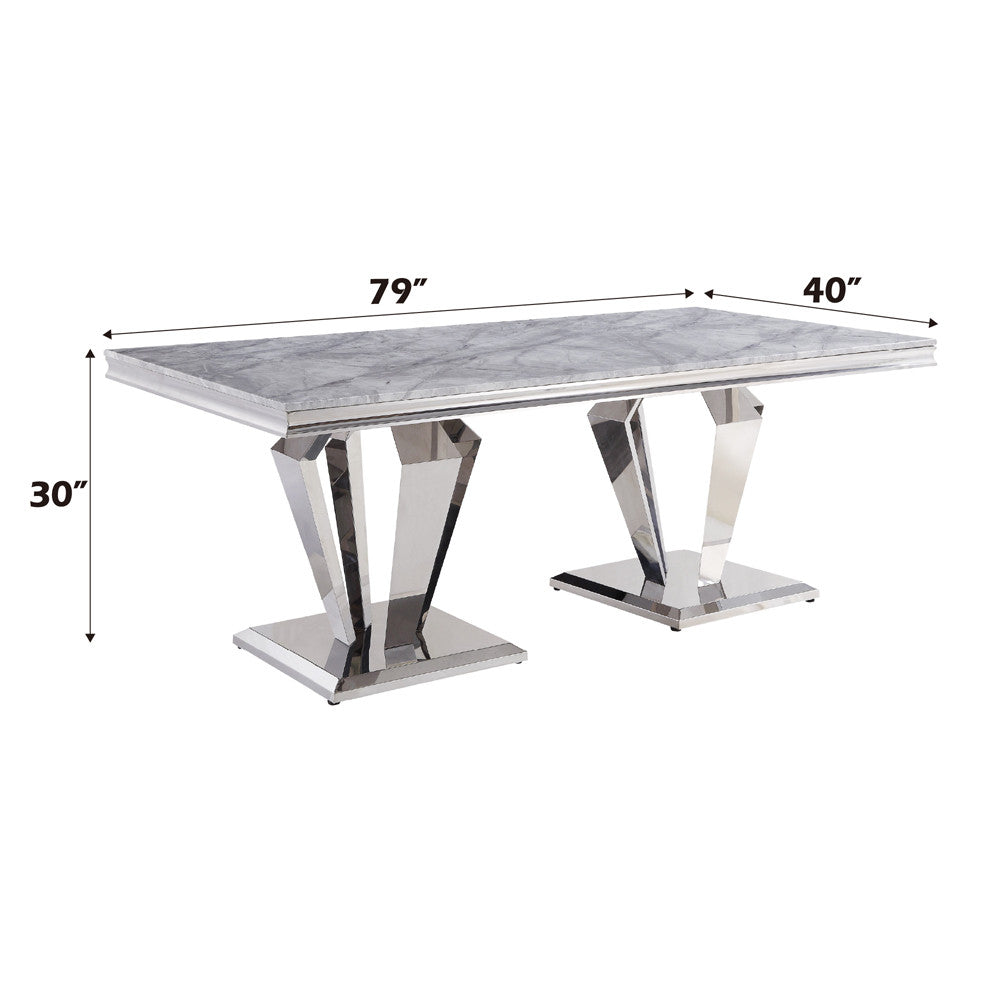 ACME 68265 Satinka Dining Table, Light Gray Printed Faux Marble & Mirrored Silver Finish