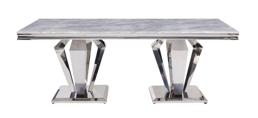 ACME 68265 Satinka Dining Table, Light Gray Printed Faux Marble & Mirrored Silver Finish