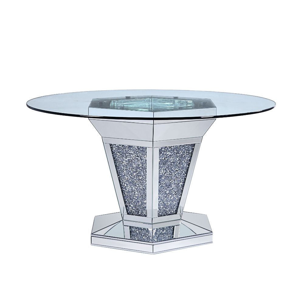 ACME 71285 Noralie Dining Table, Mirrored, Faux Diamonds & Clear Glass (1Set/2Ctn)