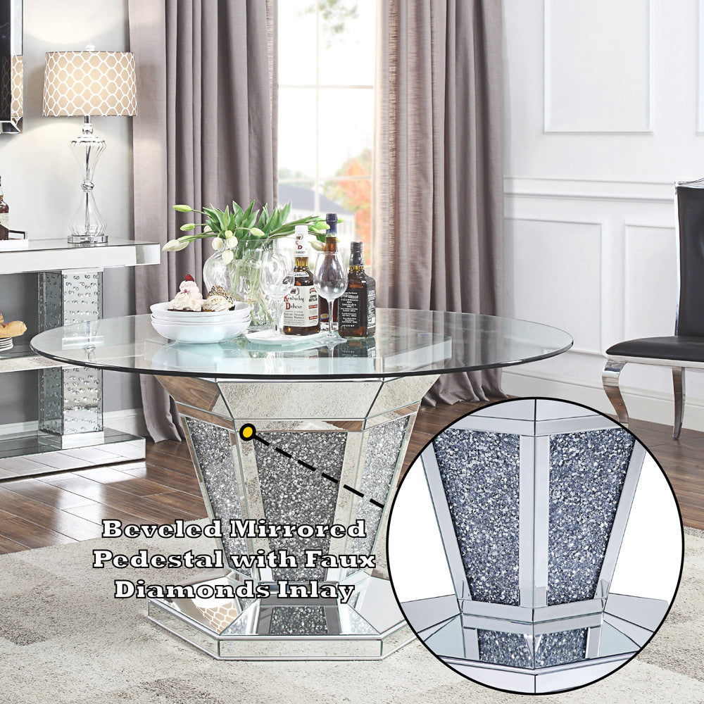 ACME 71285 Noralie Dining Table, Mirrored, Faux Diamonds & Clear Glass (1Set/2Ctn)