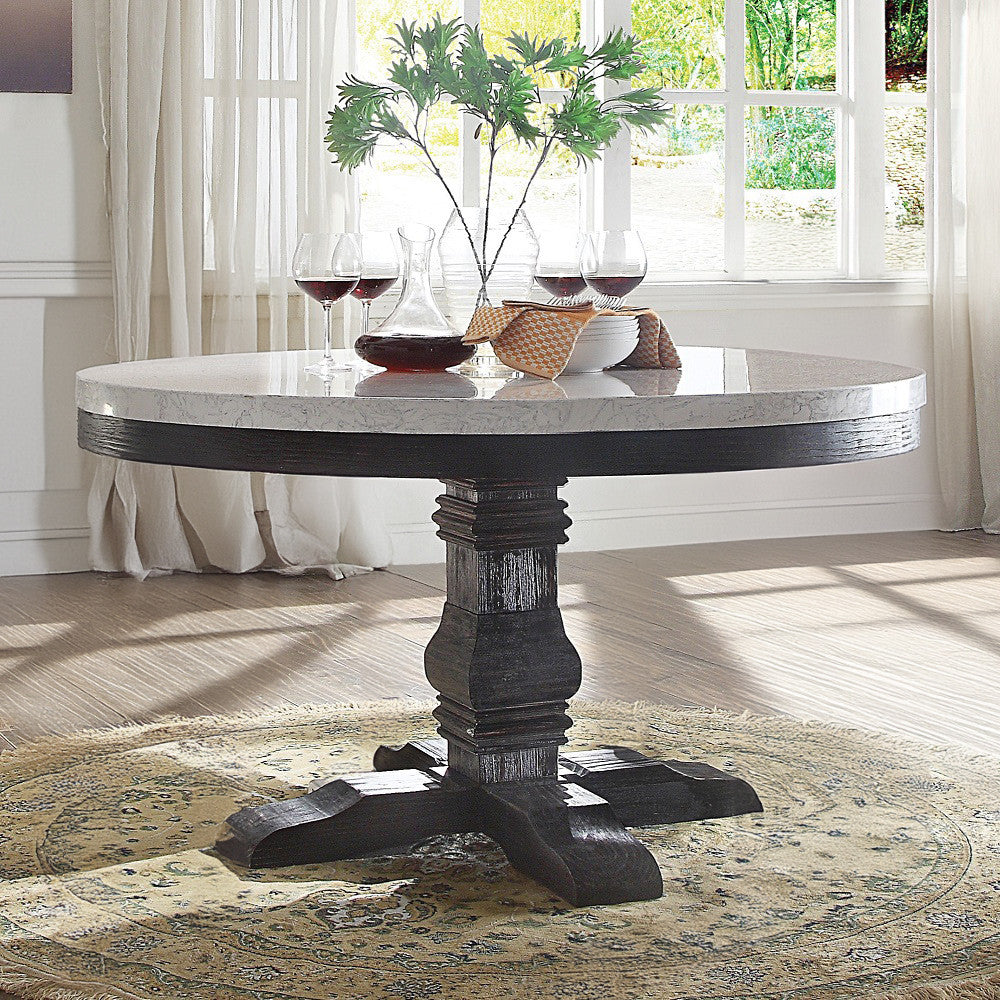 ACME 72845 Nolan Dining Table with Pedestal, White Marble & Salvage Dark Oak (1Set/2Ctn)
