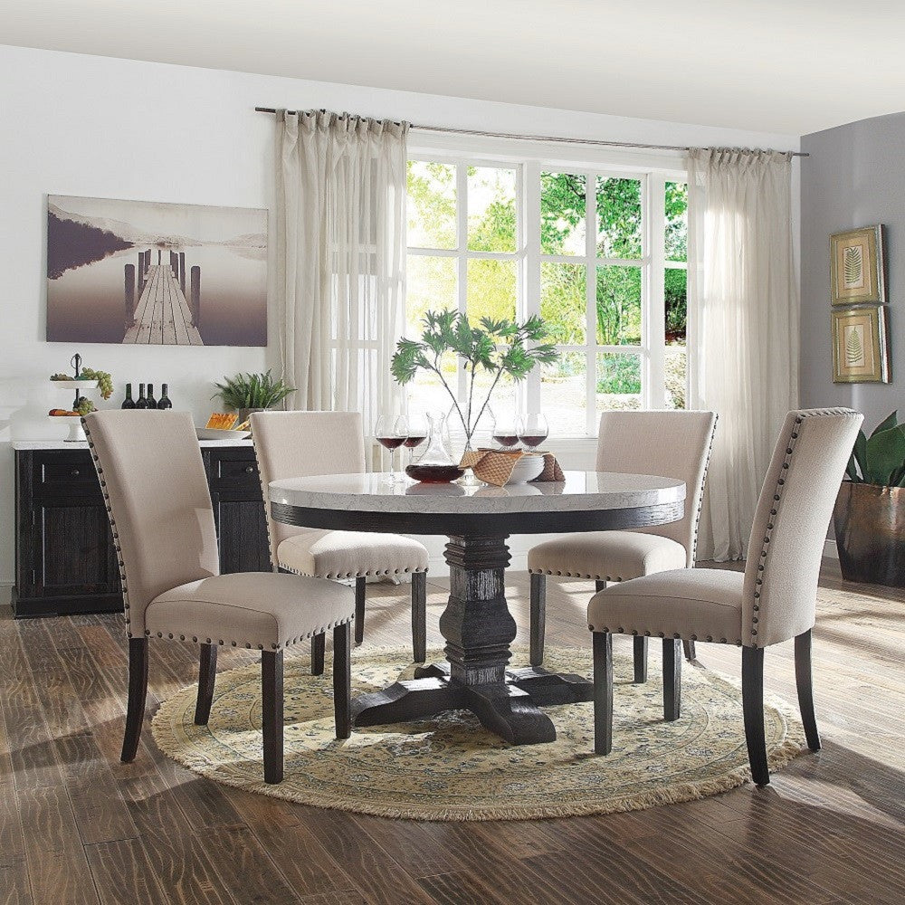 ACME 72845 Nolan Dining Table with Pedestal, White Marble & Salvage Dark Oak (1Set/2Ctn)