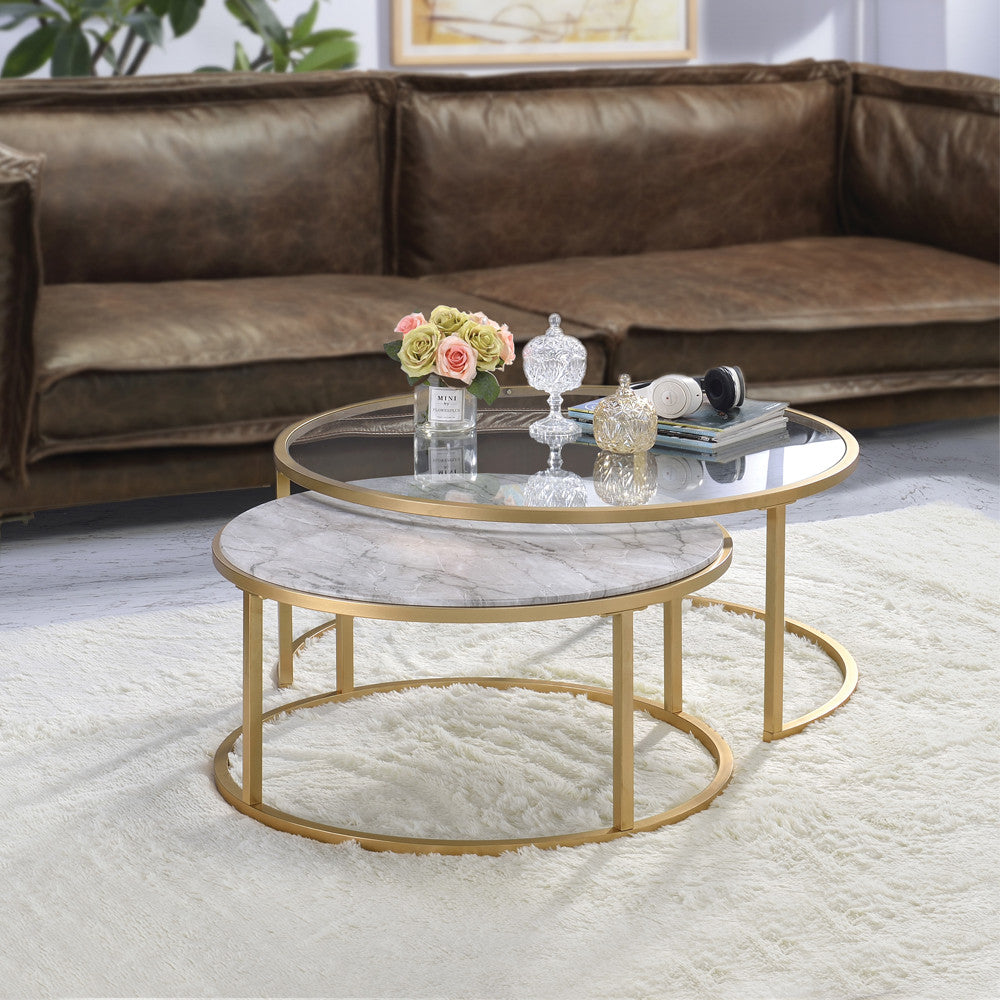 ACME 81110 Shanish 2 Piece Pack Nesting Table Set, Faux Marble & Gold