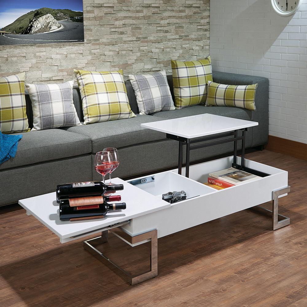 ACME 81850 Calnan Coffee Table with Lift Top, White & Chrome