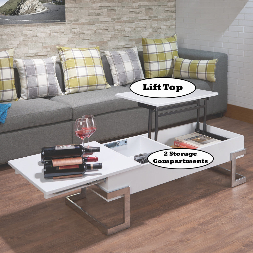 ACME 81850 Calnan Coffee Table with Lift Top, White & Chrome