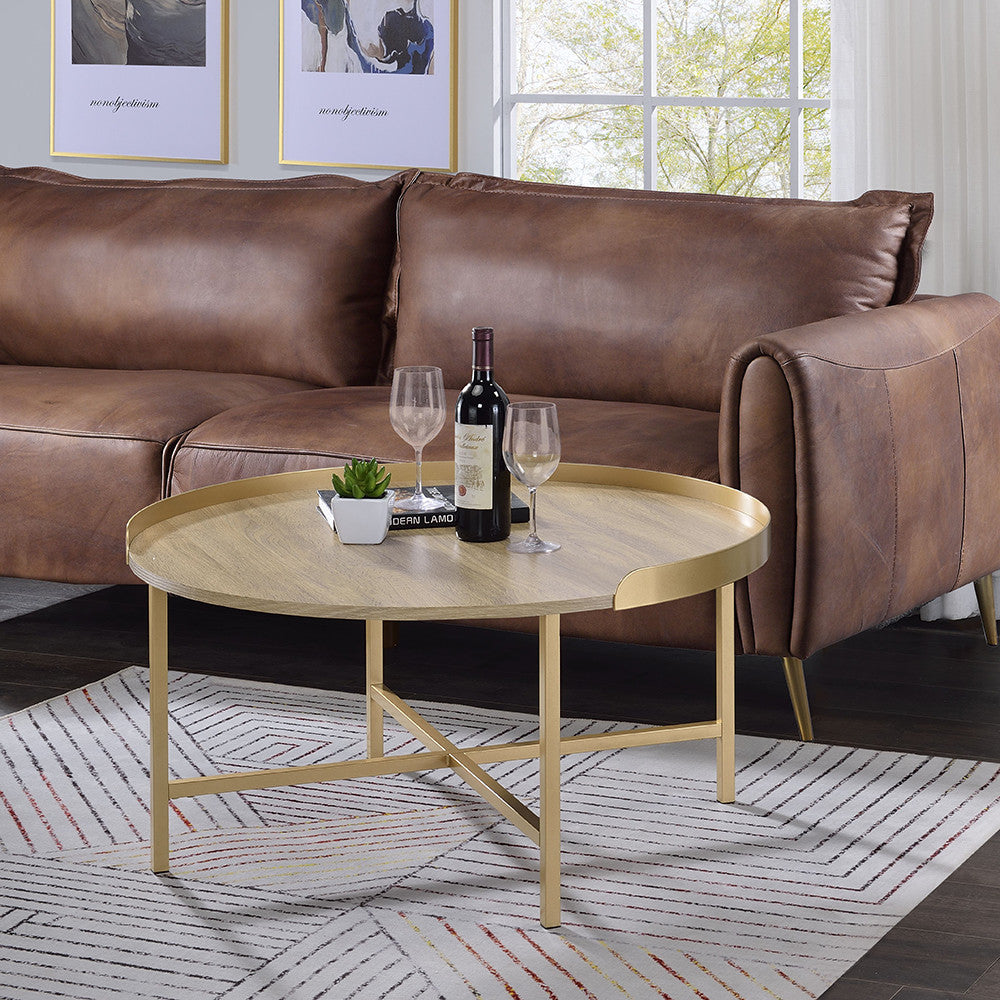 ACME 82335 Mithea Coffee Table, Oak Table Top & Gold Finish