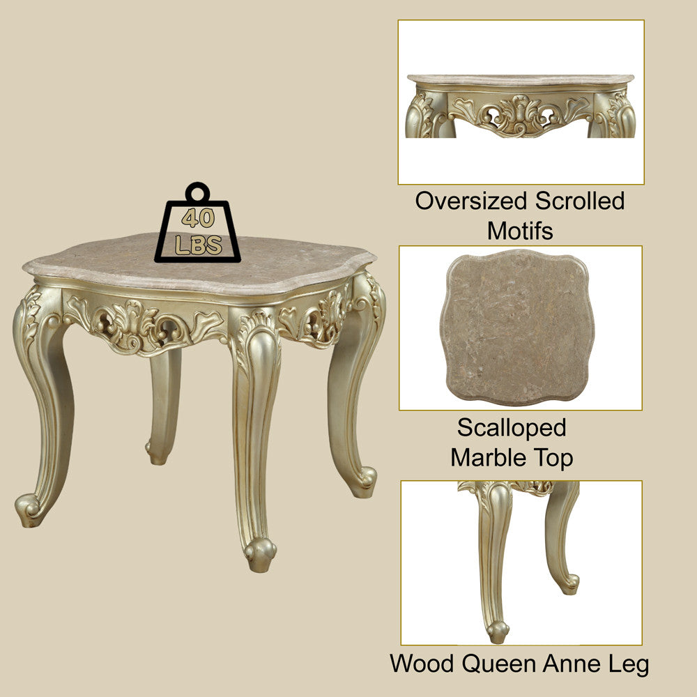 ACME 82442 Gorsedd End Table with Marble Top, Marble & Antique White