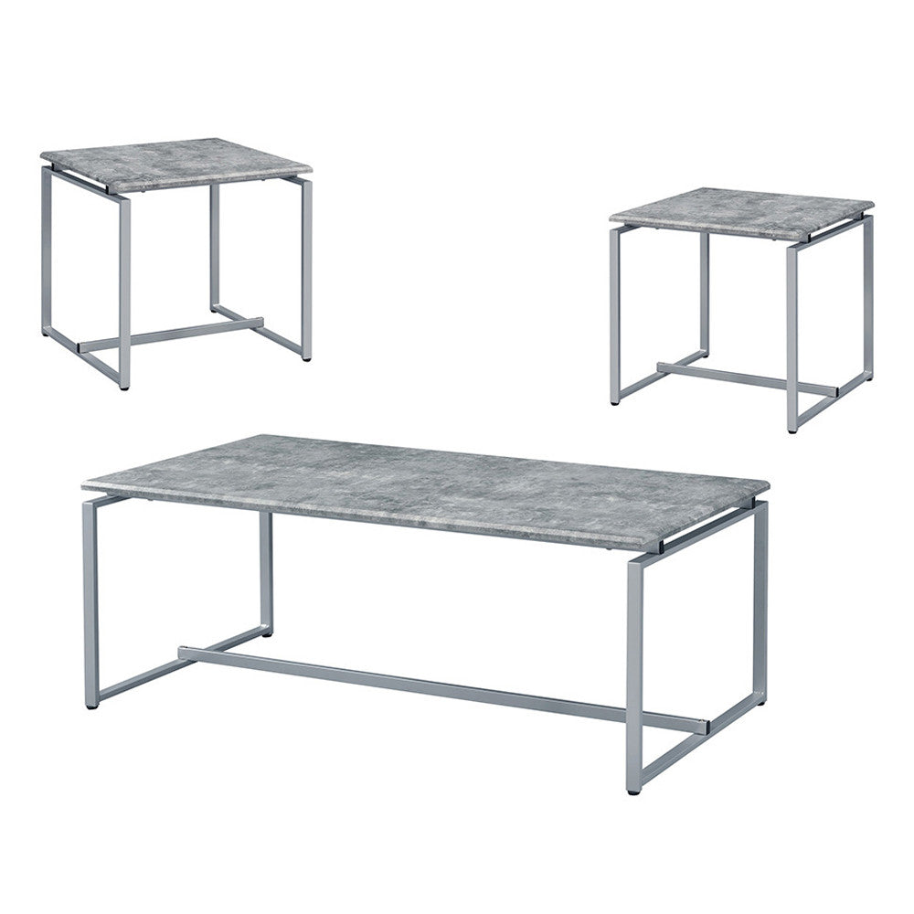 ACME 83235 Jurgen 3 Piece Pack Coffee/End Set, Faux Concrete & Silver
