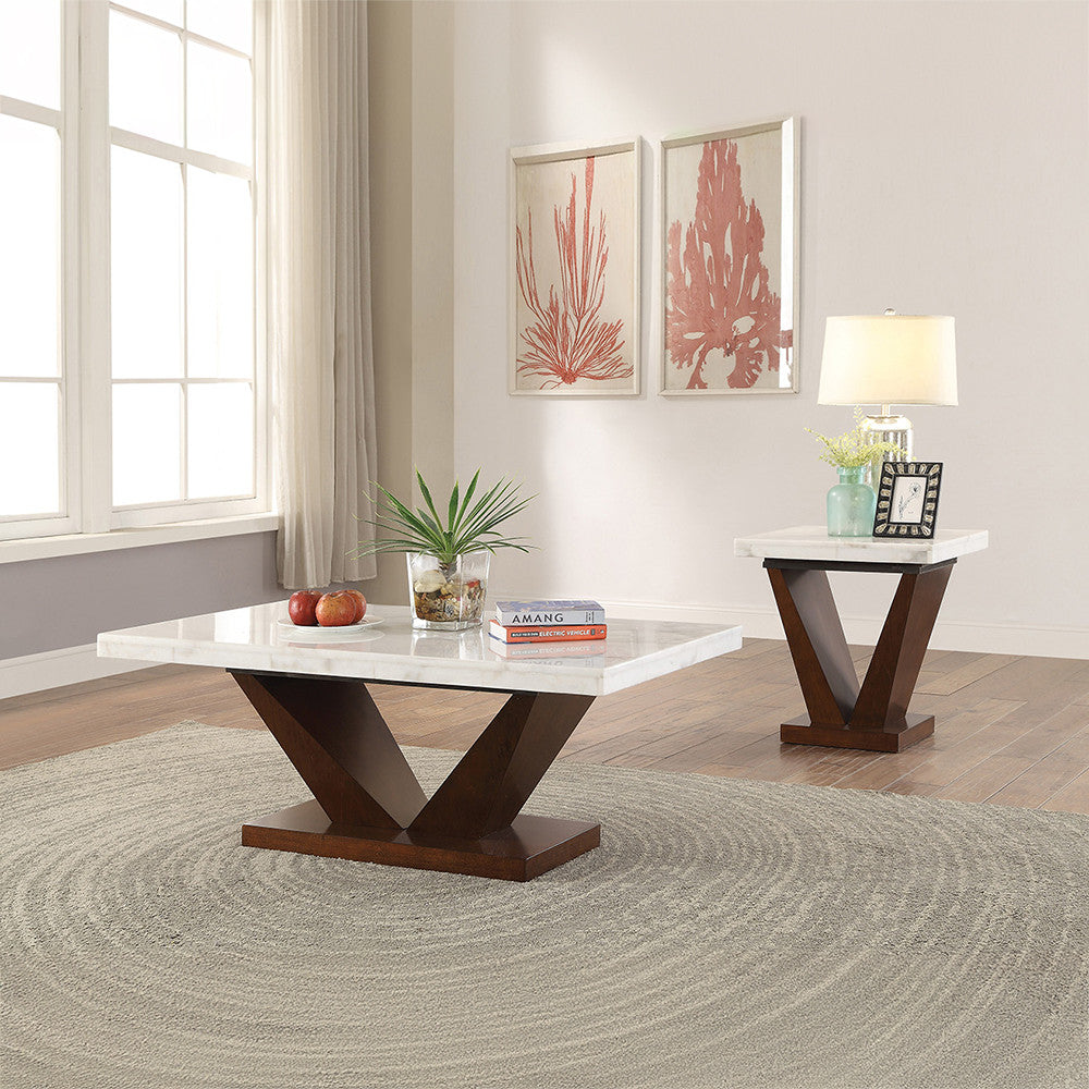 ACME 83337 Forbes End Table, White Marble & Walnut