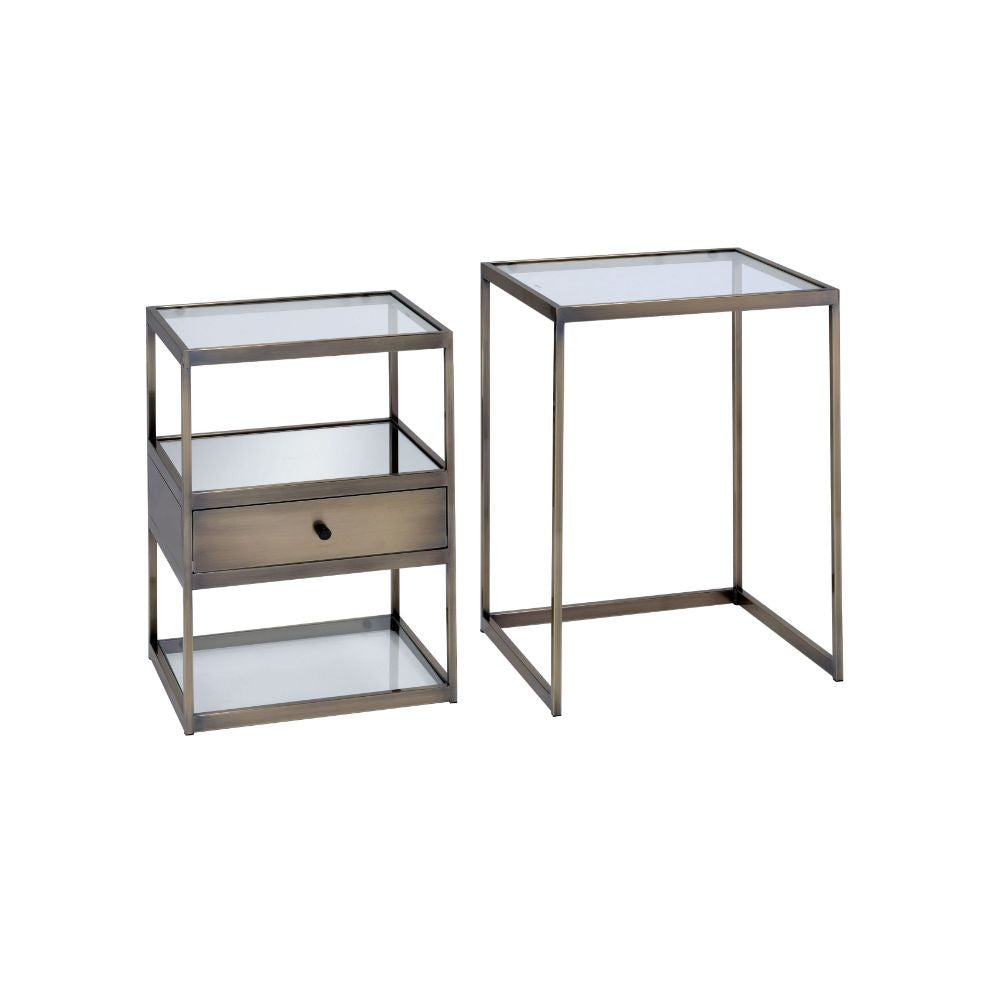 ACME 84470 Enca 2 Piece Pack Nesting Tables Set, Antique Brass & Clear Glass
