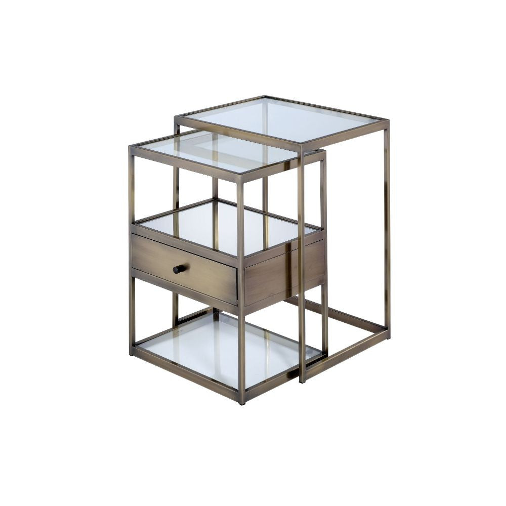 ACME 84470 Enca 2 Piece Pack Nesting Tables Set, Antique Brass & Clear Glass