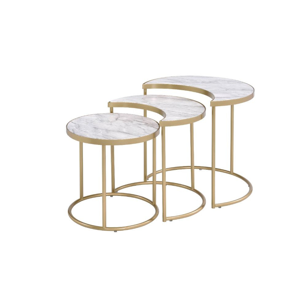 ACME 85390 Anpay 3 Piece Pack Nesting Tables, Faux Marble & Gold