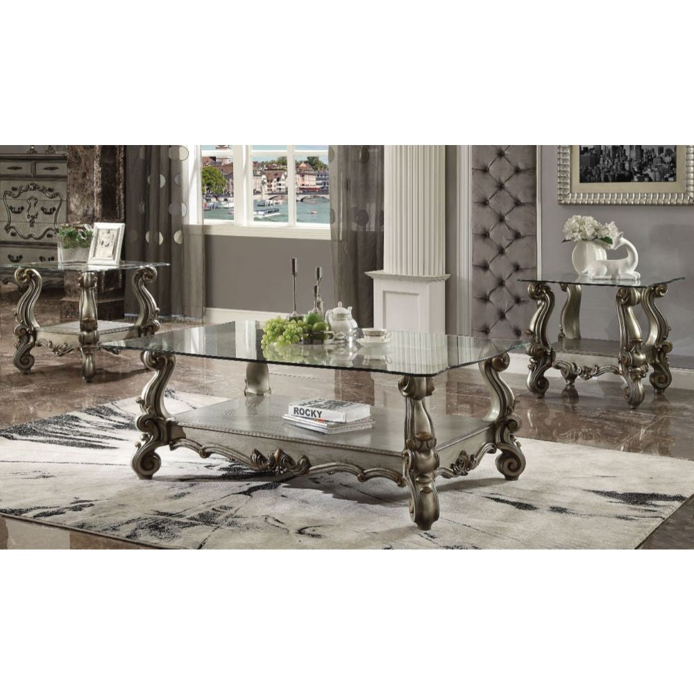 ACME 86842 Versailles End Table, Antique Platinum & Clear Glass