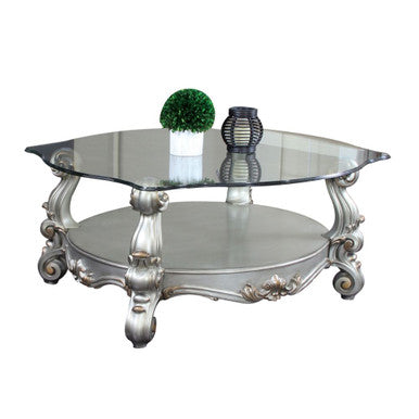 ACME 86845 Versailles Coffee Table, Antique Platinum & Clear Glass (1Set/2Ctn)